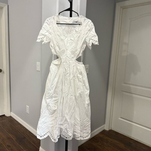 Self-Portrait White Broderie Scallop Midi Dress Cottagecore Prairie Side Sz 6 - Picture 2 of 10